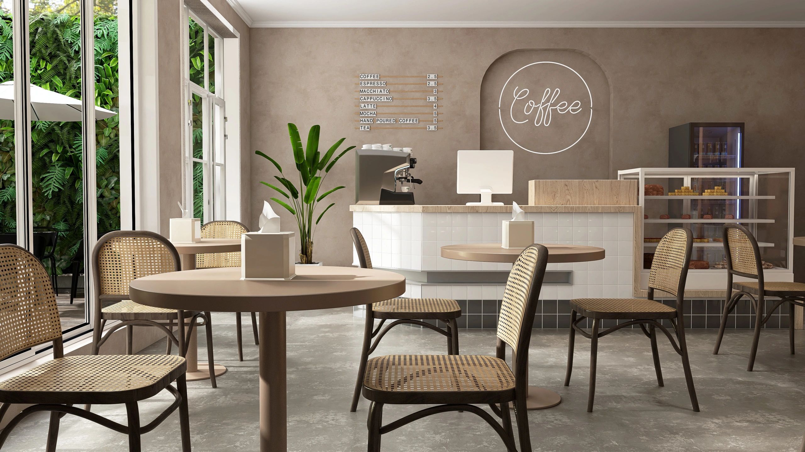 Sunlit modern cafe interior with espresso counter and seating